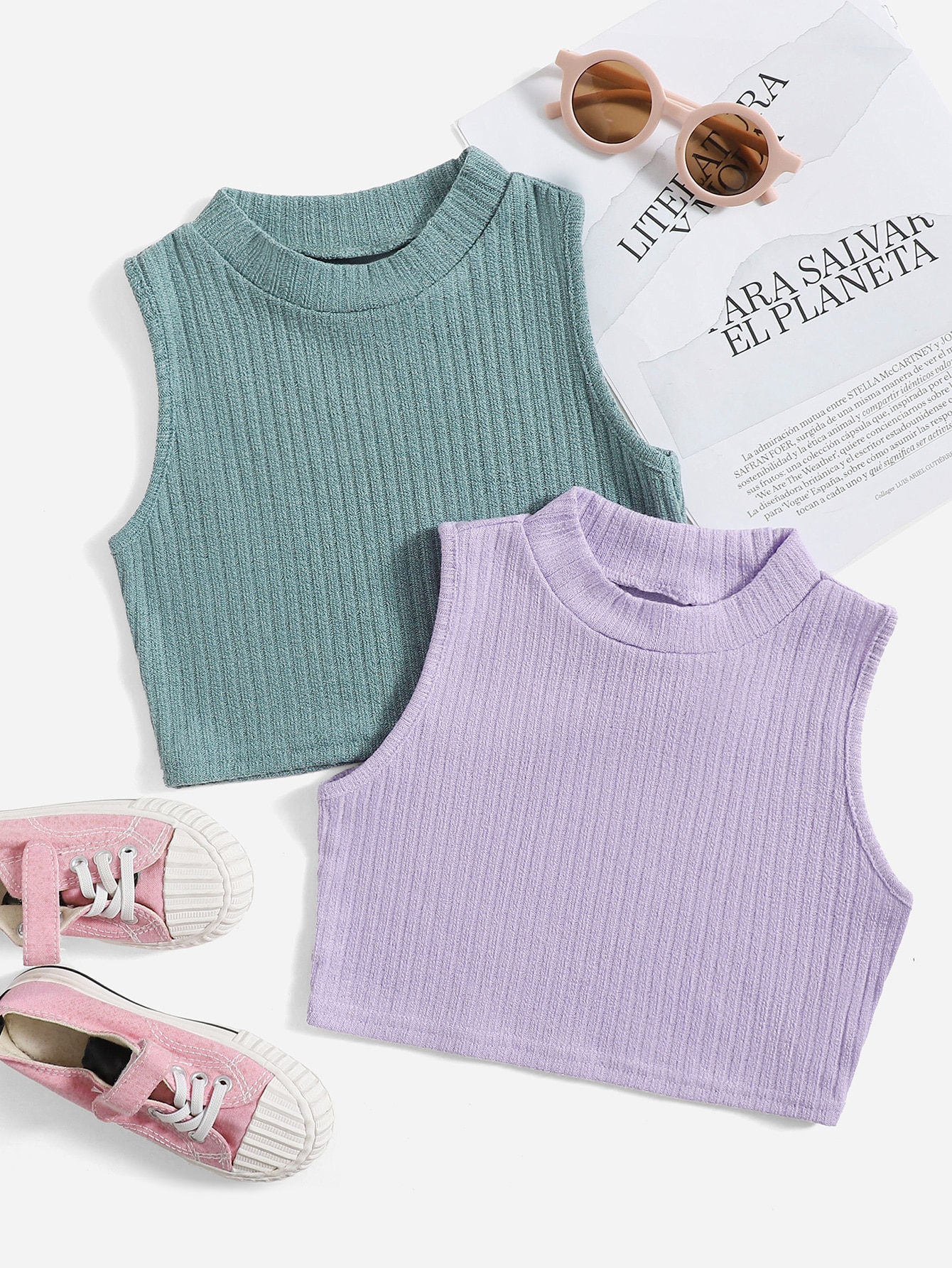 Milumia Girl's 2 Piece Ribbed Knit Mock Neck Sleeveless Solid Basic Crop Tank Tops