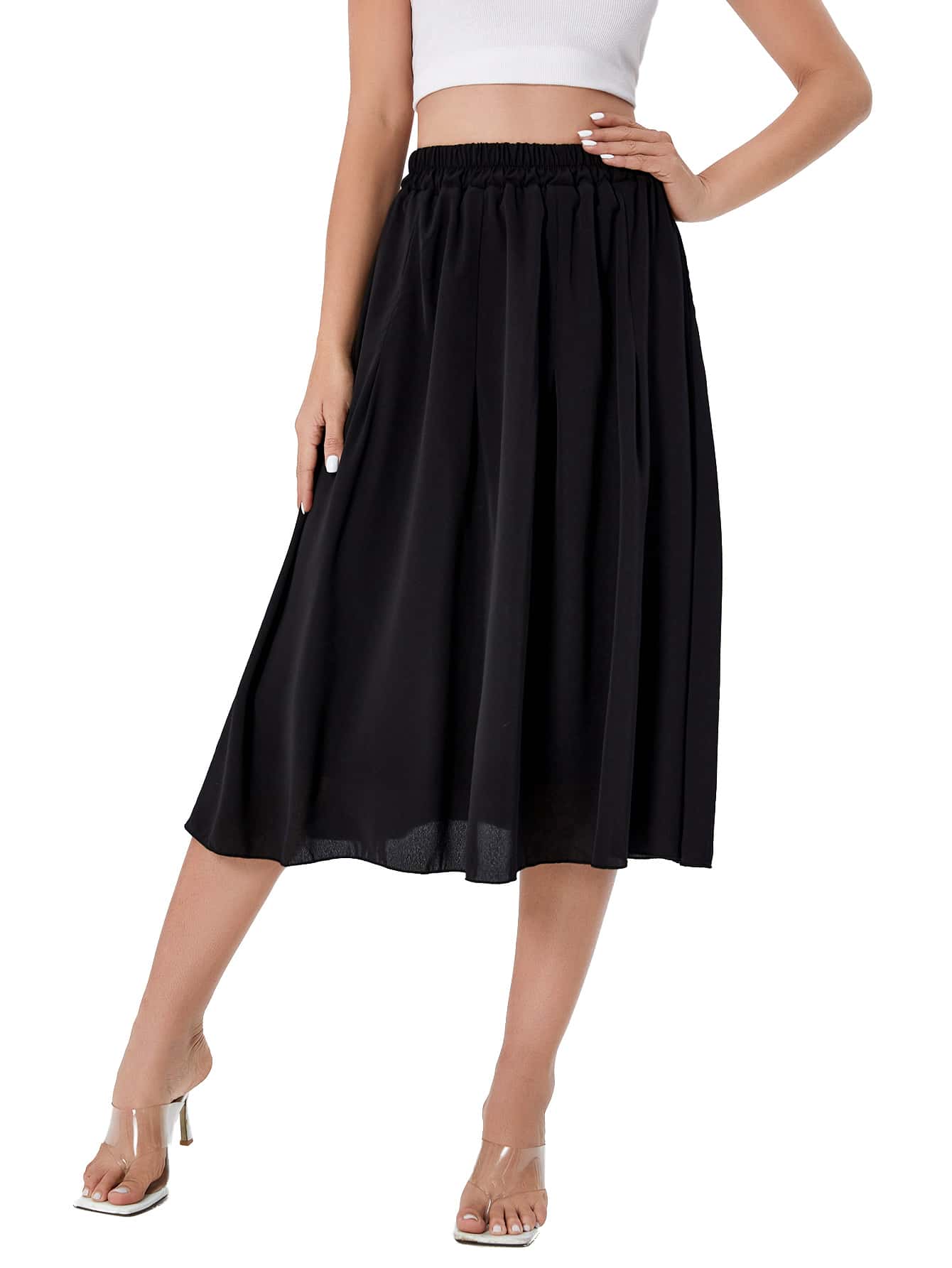 Milumia Women's Chiffon A Line High Waisted Solid Flared Swing Midi Skirts