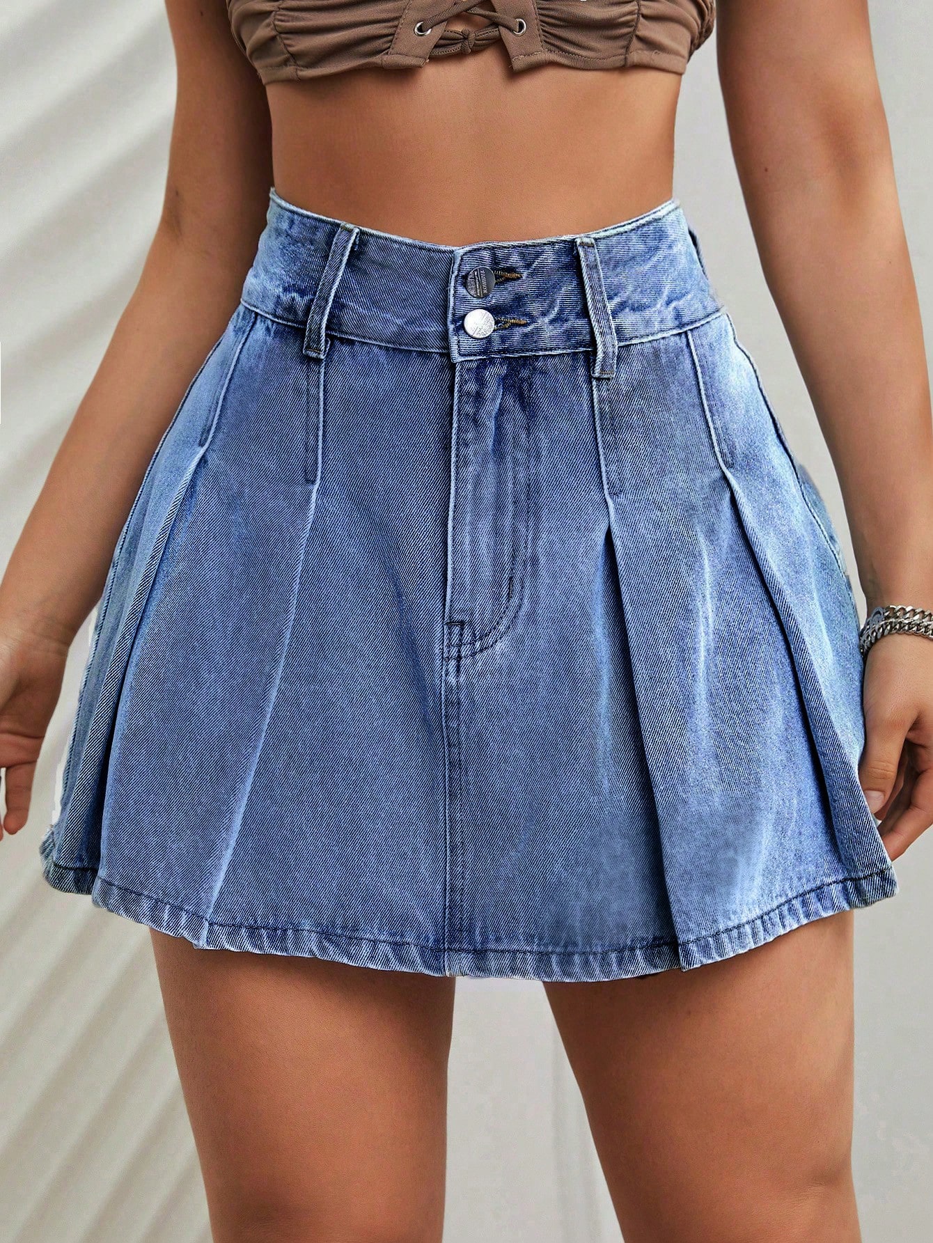 Milumia Women's Pleated Denim Skirt Trendy High Waisted Mini Jean Skater Skirts