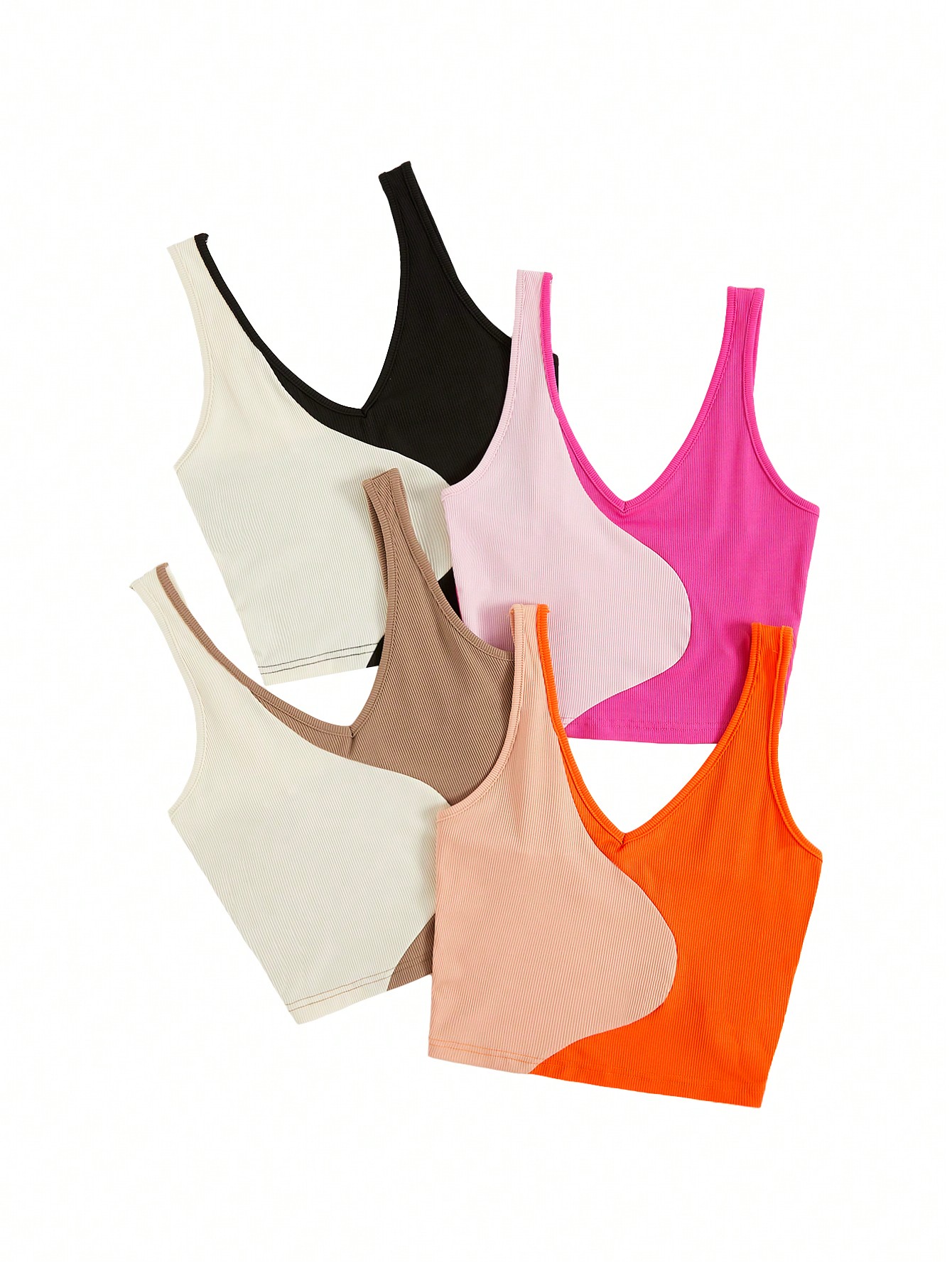Milumia Women's 4 Piece Set Sleeveless Ribbed Knit V Neck Color Block Crop Tank Tops
