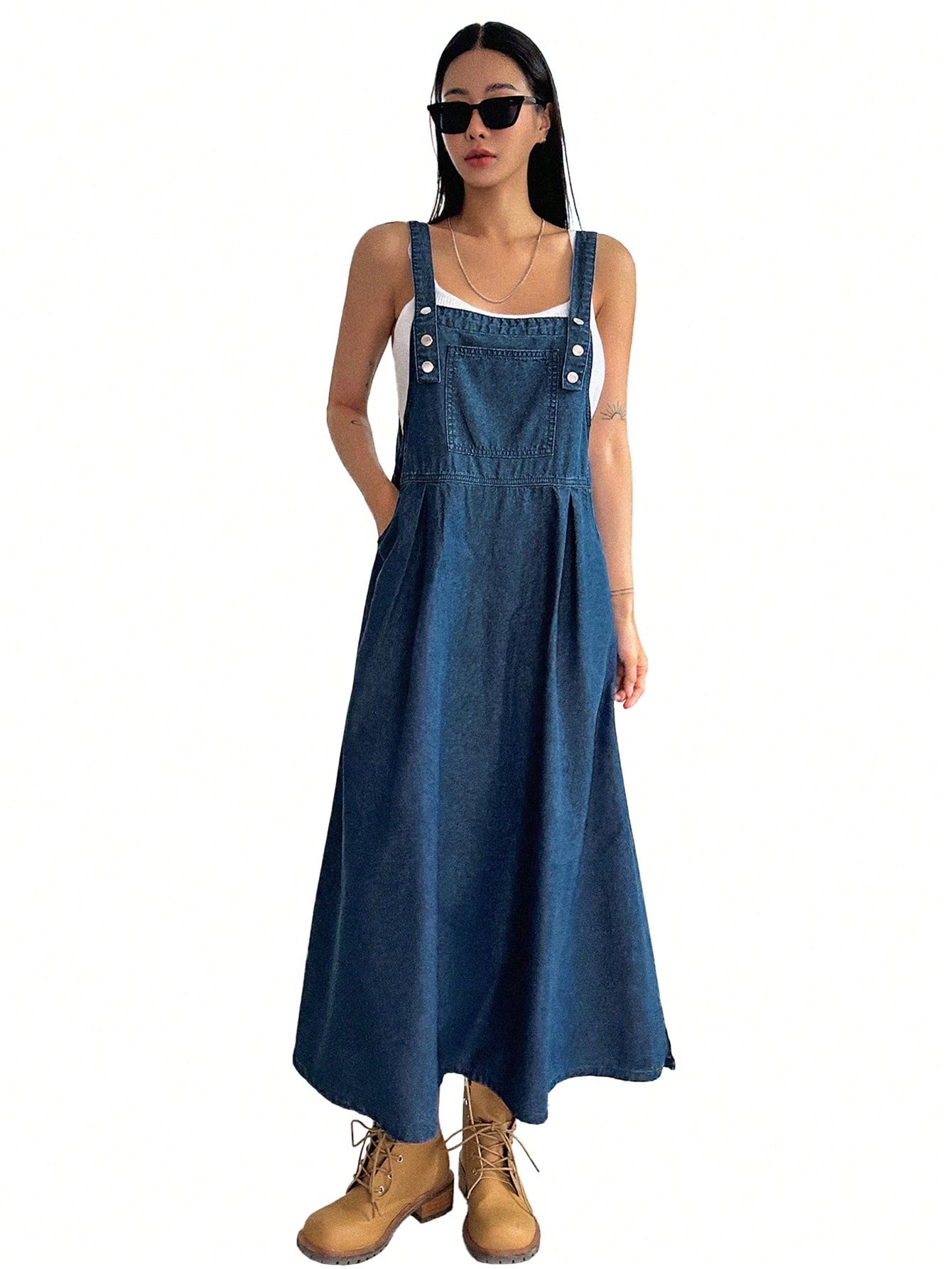 Milumia Women's Casual Denim Overall Dress Sleeveless Flowy Baggy Long Jean Jumper Dresses